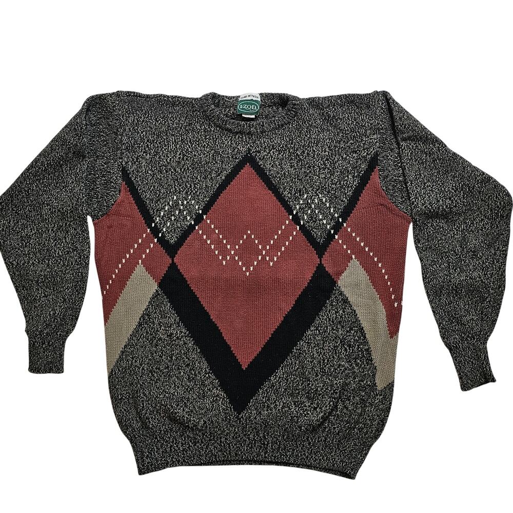 VTG men's Izod grandpa argyle plaid sweater rust black gray size Large
